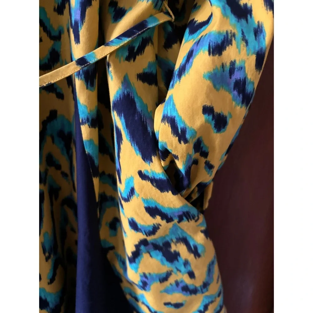 The Get Womens Print Mix Mini Dress Yellow Blue Ikat Long Sleeve Tie Waist L NEW